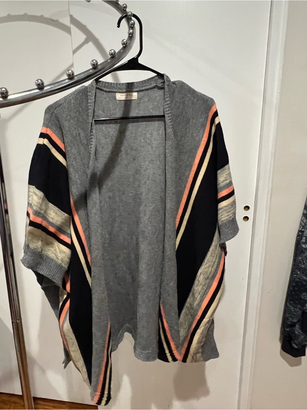 Sophie Rue Grey Open-Front Stripe Poncho with Coral & Black Accents
